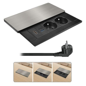 Solight vestavný blok zásuvek s posuvným krytem, 2 zásuvky, HDMI, USB A+C 20W PD, 2m, stříbrný Solight vestavný blok zásuvek s posuvným krytem, 2 zásuvky, HDMI, USB A+C 20W PD, 2m, stříbrný