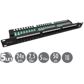 19" patch panel Solarix 24 x RJ45 CAT5E UTP s vyväzovacou lištou 1U SX24L-5E-UTP-BK-N