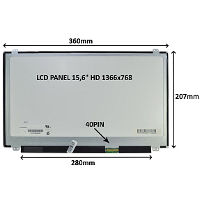 LCD PANEL 15,6" HD 1366x768 40PIN LESKLÝ / ÚCHYTY HORE A DOLE LCD PANEL 15,6" HD 1366x768 40PIN LESKLÝ / ÚCHYTY HORE A DOLE