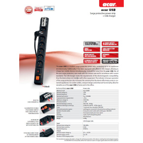 Acar USB 3m kábel 6 zásuviek 2xUSB prep.ochr.čierny