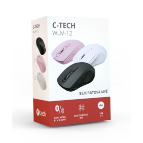 C-TECH myš Dual mode WLM-12PK, bezdrátová, 1600DPI, 6 tlačítek, růžová, USB nano receiver