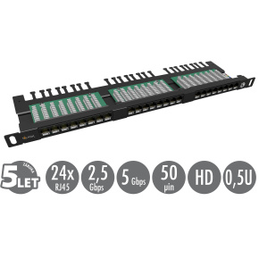 19" patch panel Solarix 24xRJ45 CAT5E UTP s vyväzovacou lištou čierny 0,5U SX24HD-5E-UTP-BK
