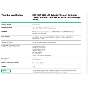 HPE MSA 2060 LFF 2x16Gb FC (4port Controller+4x16Gb SFP FC XCVR) 240TB (12x20TB/7.2k SATA) Storage Array Smart Choice