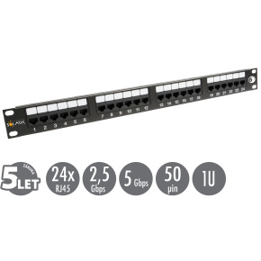19" patch panel Solarix 24 x RJ45 CAT6 UTP 350 MHz čierny 1U SX24-6-UTP-BK