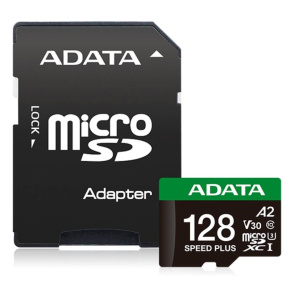 ADATA MicroSDXC karta 128GB Speed Plus, U3, C10, A2, V30 (R:180/W:160 MB/s) + SD adaptér ADATA MicroSDXC karta 128GB Speed Plus, U3, C10, A2, V30 (R:180/W:160 MB/s) + SD adaptér