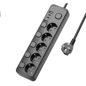 Viking síťová prodlužovací zásuvka YC53S, 5x AC 230V, 1x USB-A, 2x USB-C, tlačítko ON/OFF, délka 1,5 m, černá Viking síťová prodlužovací zásuvka YC53S, 5x AC 230V, 1x USB-A, 2x USB-C, tlačítko ON/OFF, délka 1,5 m, černá