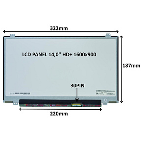 LCD PANEL 14,0" HD+ 1600x900 30PIN MATNÝ / ÚCHYTY HORE A DOLE LCD PANEL 14,0" HD+ 1600x900 30PIN MATNÝ / ÚCHYTY HORE A DOLE