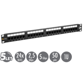 19" patch panel Solarix 24 x RJ45 CAT5E UTP 150 MHz čierny 1U SX24-5E-UTP-BK