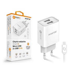 Múdra sieťová nabíjačka ALIGATOR 2,4A, 2xUSB, smart IC, biela, micro USB kábel Múdra sieťová nabíjačka ALIGATOR 2,4A, 2xUSB, smart IC, biela, micro USB kábel
