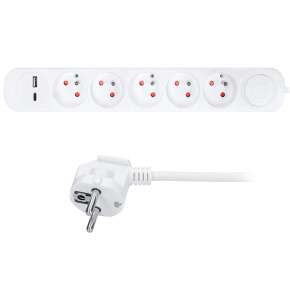 Solight prodlužovací přívod 5 zásuvek, USB A+C nabíječka 12W, 3m, 3 x 1mm2, bílý, vypínač