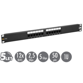 19" patch panel Solarix 12 x RJ45 CAT5E UTP 150 MHz čierny 1U SX12-5E-UTP-BK
