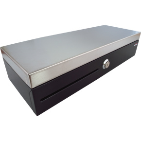 Pokladničná zásuvka flip-top FT-460C2 - s káblom, so zamyk. krytom zakladača, Nerez veko, 9-24V, čierna Pokladničná zásuvka flip-top FT-460C2 - s káblom, so zamyk. krytom zakladača, Nerez veko, 9-24V, čierna