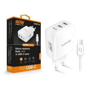 Múdra sieťová nabíjačka ALIGATOR Power Delivery 40W, 2xUSB-C, USB-C/USB-C kábel, biela