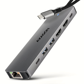 AXAGON HMC-7HX2, USB 5Gbps hub, 2x USB-A, USB-C, 2x HDMI 4k/60Hz, RJ-45 GLAN, PD 100W, kábel 15cm