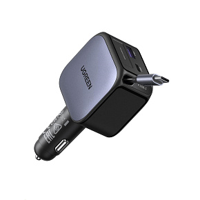 UGREEN rychlonabíječka do auta se zatahovacím kabelem 90W 3-Port, 2x USB-C,1x USB-A, GaN, stříbrná UGREEN rychlonabíječka do auta se zatahovacím kabelem 90W 3-Port, 2x USB-C,1x USB-A, GaN, stříbrná