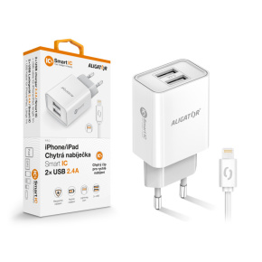 Múdra sieťová nabíjačka ALIGATOR 2,4A, 2xUSB, smart IC, biela, USB kábel pre iPhone / iPad