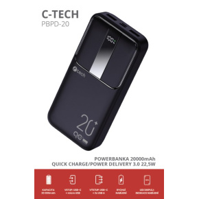 C-TECH Powerbanka 20000mAh, Li-Pol, 22,5W, USB-C/USB-A/micro USB C-TECH Powerbanka 20000mAh, Li-Pol, 22,5W, USB-C/USB-A/micro USB